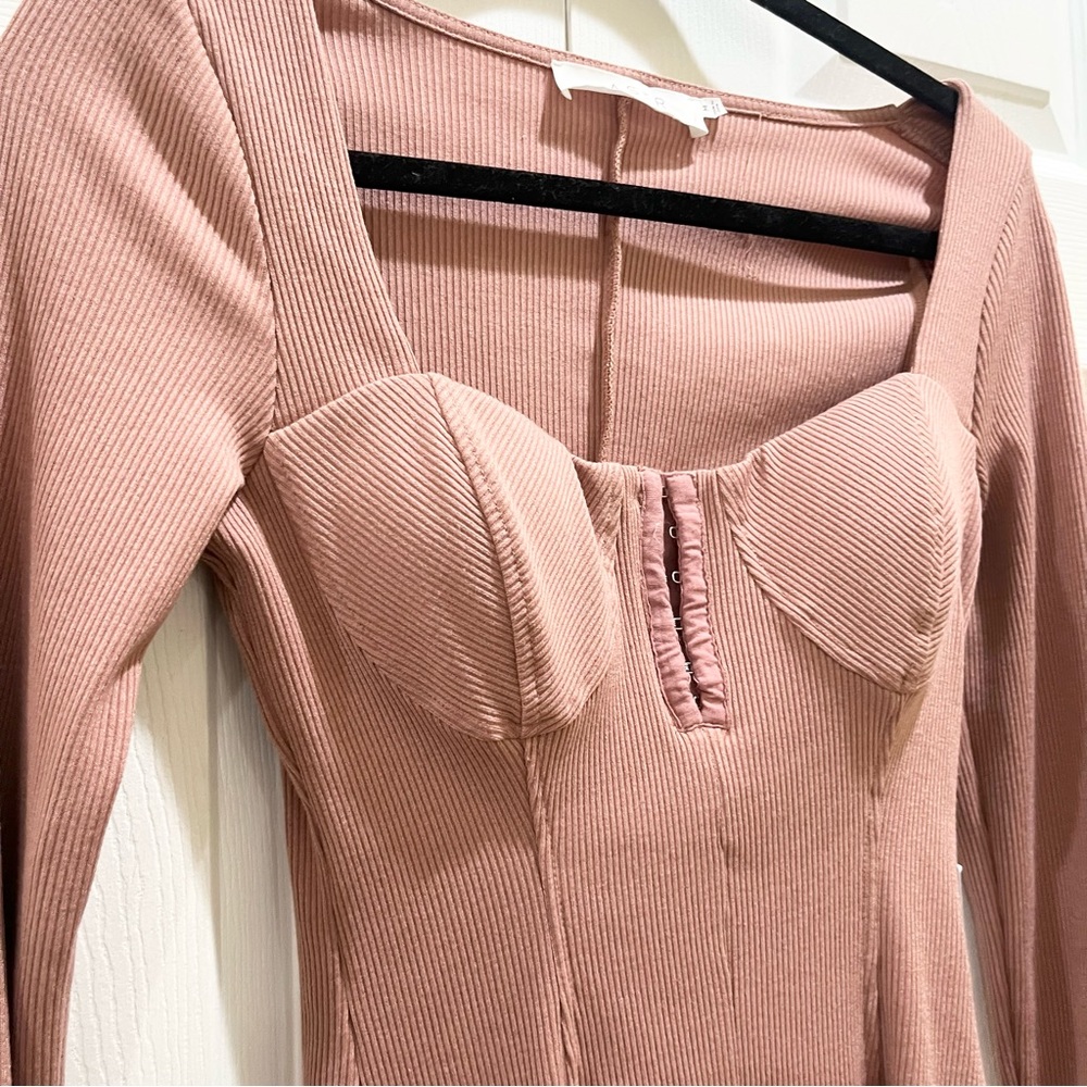 ASTR The Label Long Sleeve Ribbed Bodycon Dress Hook and Eye Front Blush Medium - Picture 4 of 8
